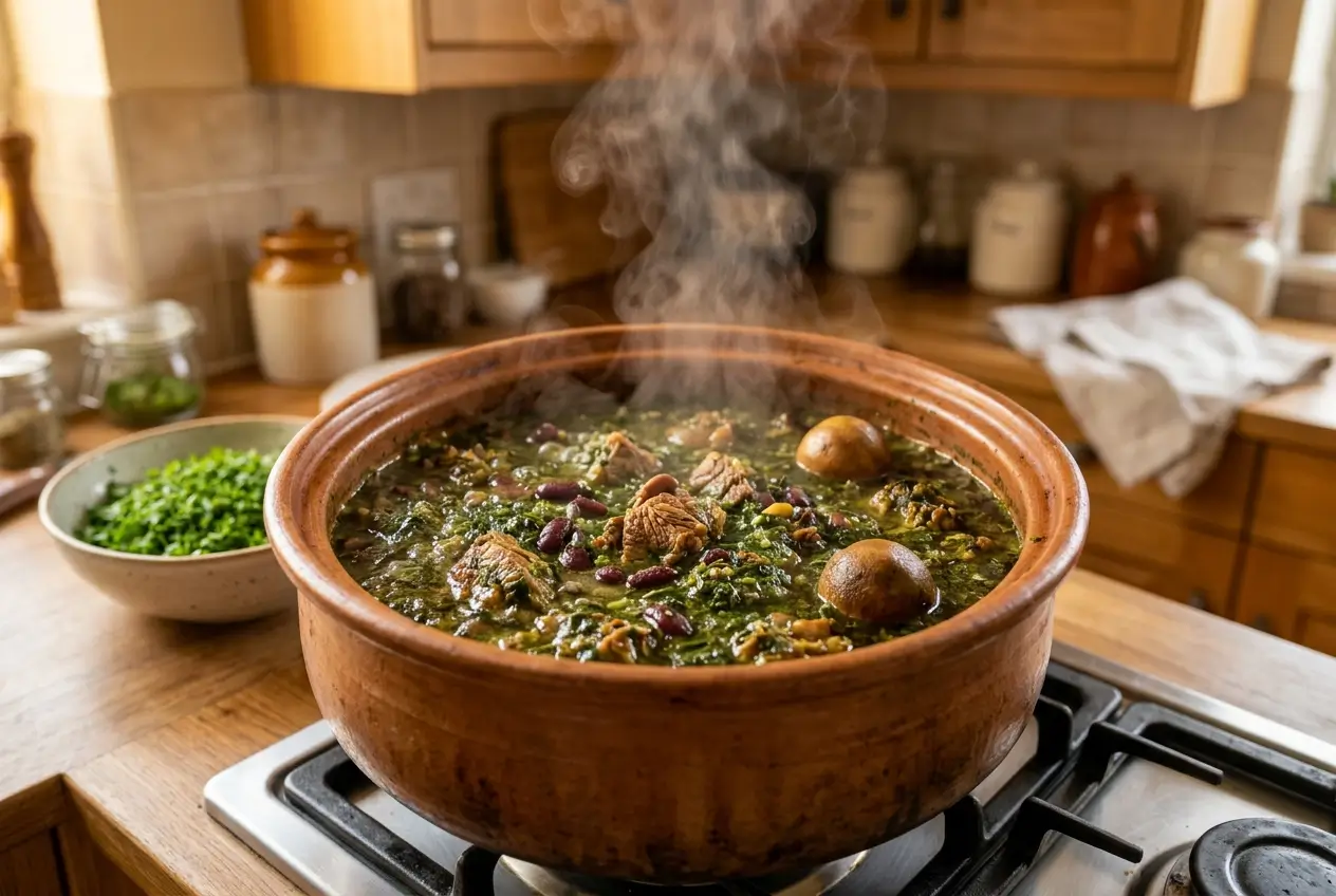 قورمه‌سبزی در حال پخت با سبزی تفت‌داده‌شده