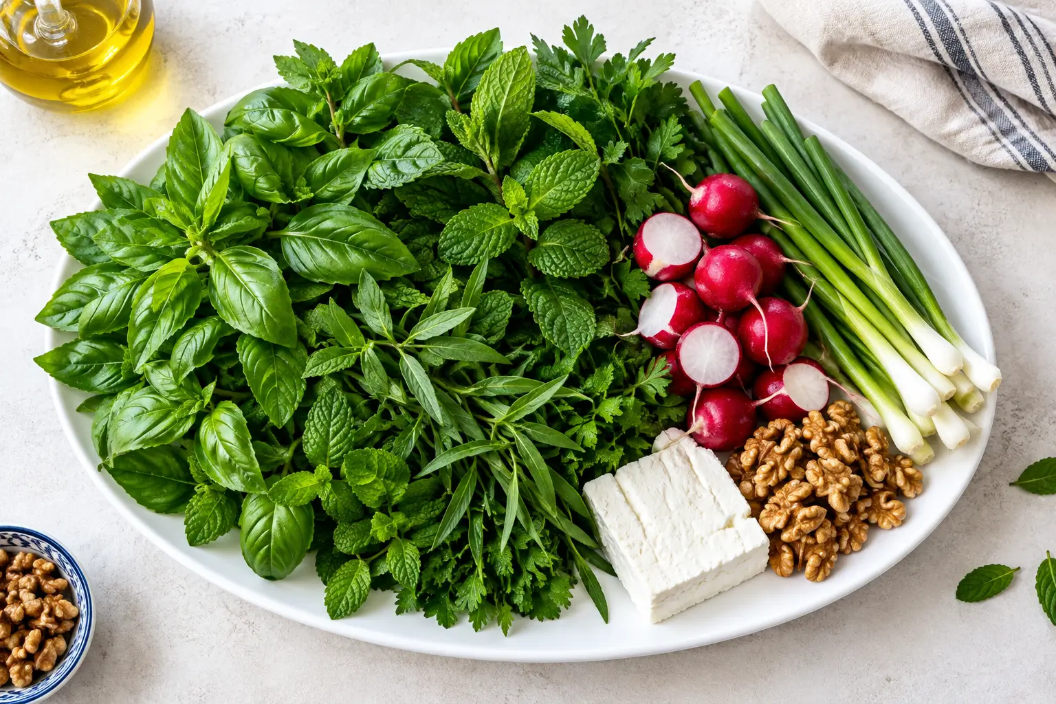 سبزی خوردن تازه شامل ریحان، نعنا، تربچه و تره در بشقاب
