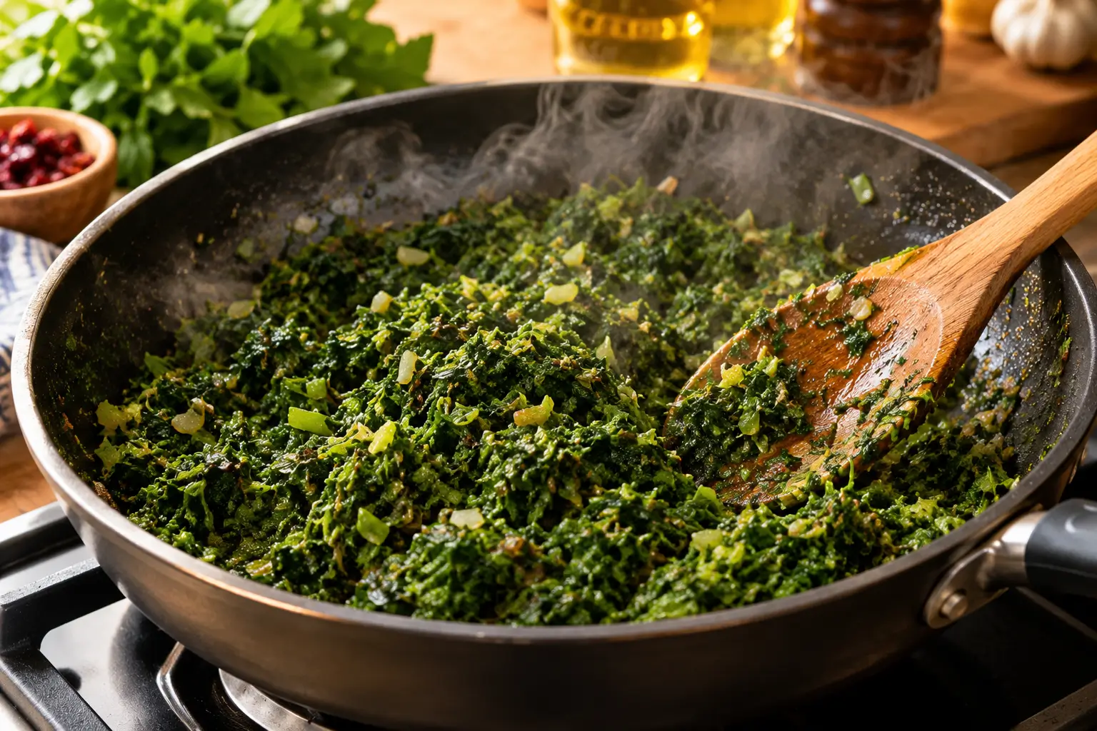 سبزی قورمه‌ی تفت‌داده‌شده در ماهیتابه برای خورشت
