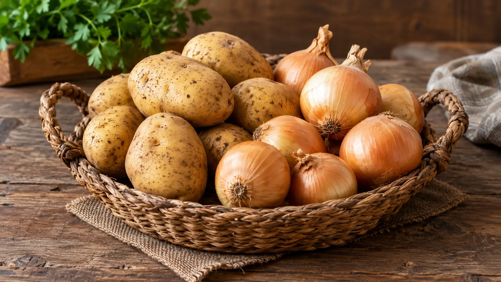 سیب‌زمینی و پیاز زرد در سبد حصیری روی میز چوبی