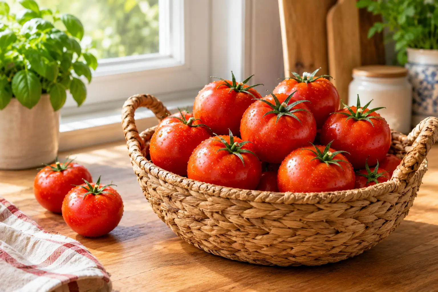 گوجه‌فرنگی در سبد حصیری در دمای اتاق