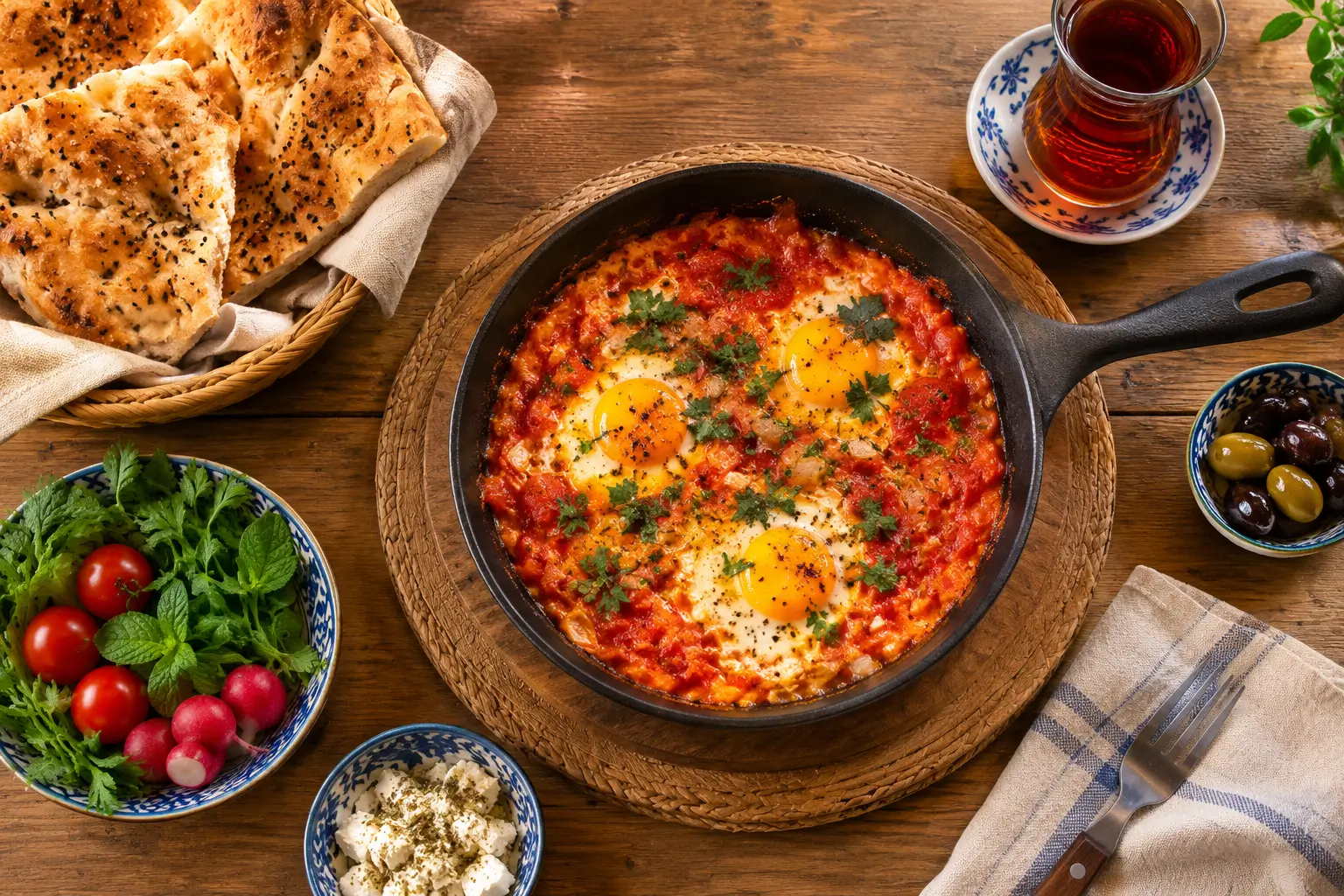 املت گوجه‌فرنگی روی میز صبحانه