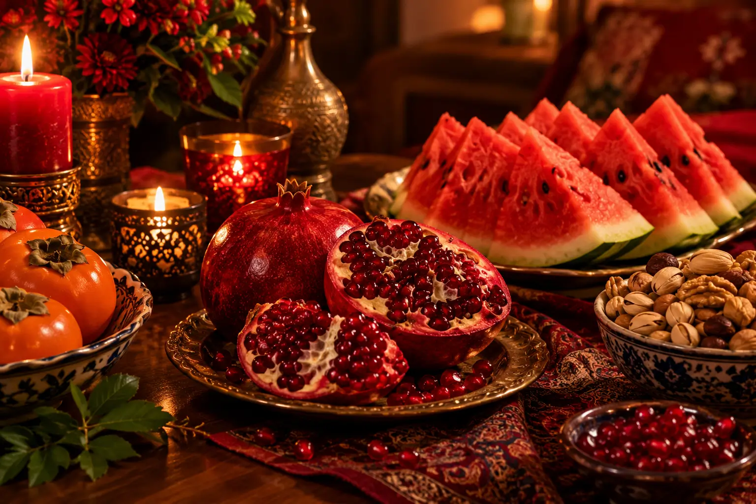 انار و هندوانه‌ی برش‌خورده روی سفره‌ی یلدا