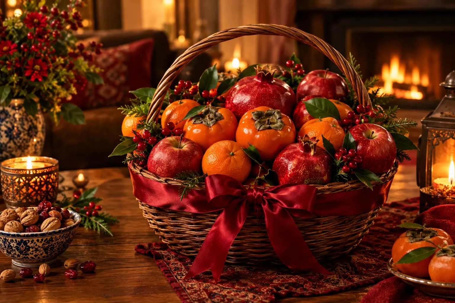 سبد میوه‌ی یلدایی با انار، خرمالو و نارنگی