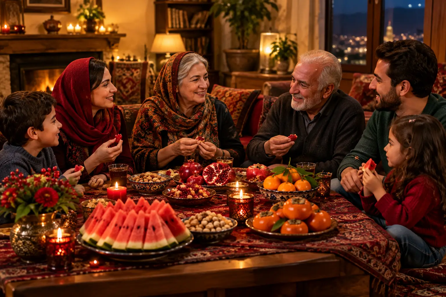 خانواده‌ای دور سفره‌ی شب یلدا