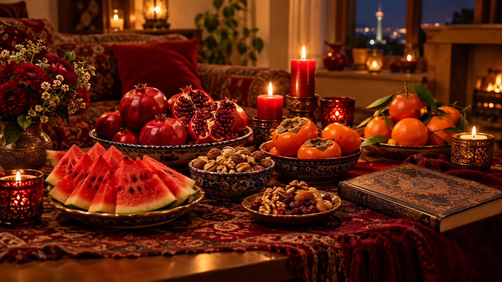 سفره‌ی شب یلدا با انار، هندوانه، خرمالو و میوه‌های پاییزی